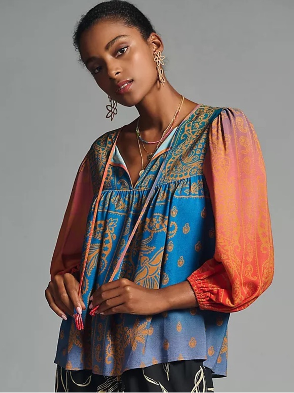 Farm Rio Boho Peasant Beaded Puff Sleeve Blouse Like New - Picture 4 of 9